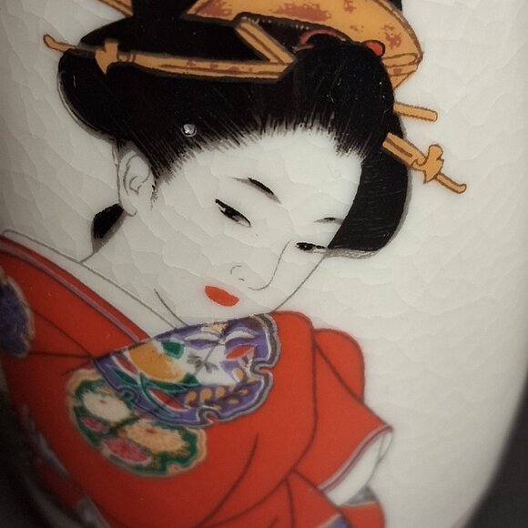 Fuji Sake Tea Set Geisha Girls Japan Pitcher Cups 3 piece Ceramic Crazing - Picture 9 of 10